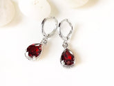 Garnet teardrop gemstone huggie dangle earrings, small red gemstone bezel earrings, gift for her, gift for daughter, January birthstone